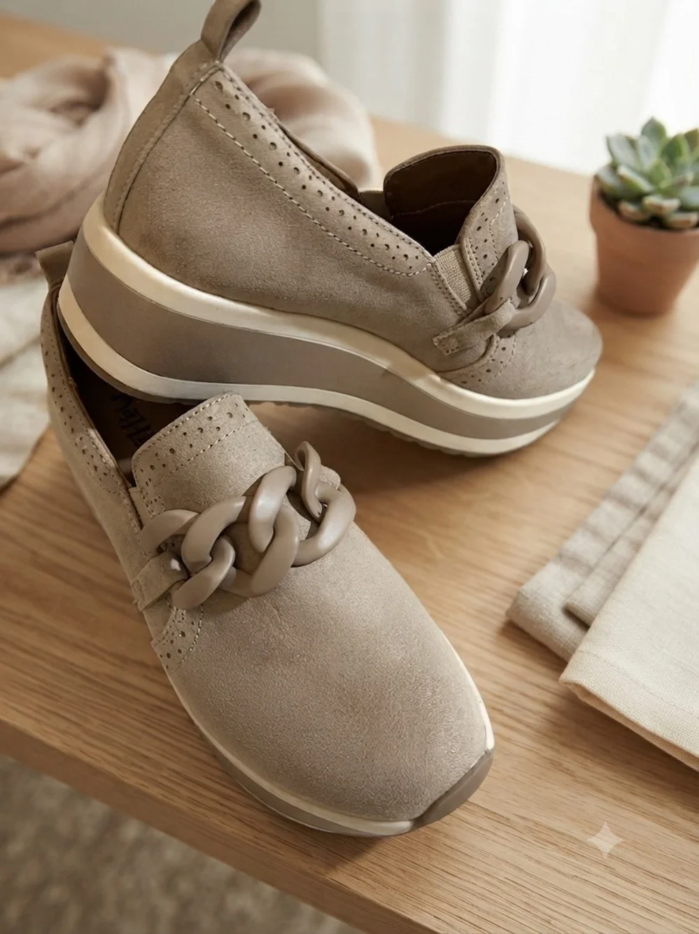 Mad Love Beige Chain-Trim Slip-On Platform Sneakers